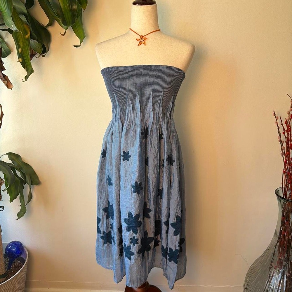 Lapis Boho Fairy Blue Grey Strapless Smocked Flower Midi Dress One Size